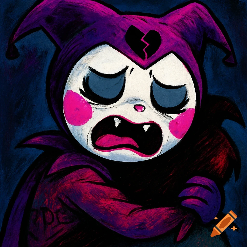 A purple and white jester-like character with a broken heart symbol cries, set against a dark blue background in a cartoon style.