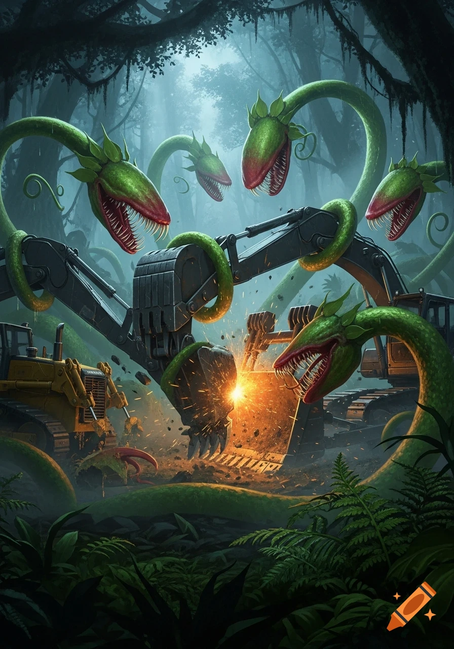 Giant carnivorous plants with sharp teeth attack yellow excavators and bulldozers in a misty, dark jungle.