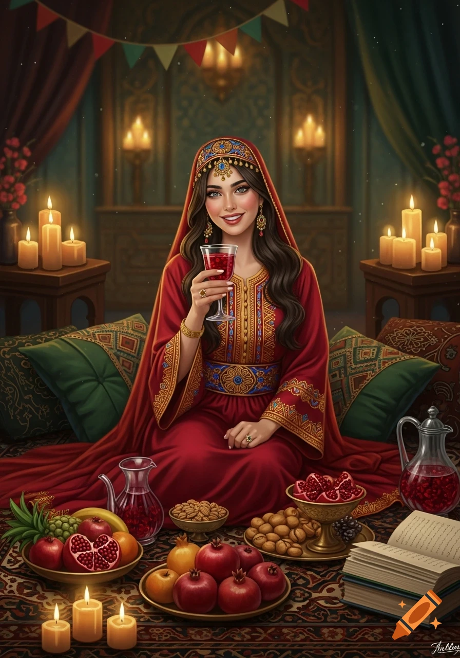 A woman in traditional red and gold attire sits, smiling, holding a glass of juice amidst pomegranates, fruits, nuts, and lit candles in a warm, festive setting.