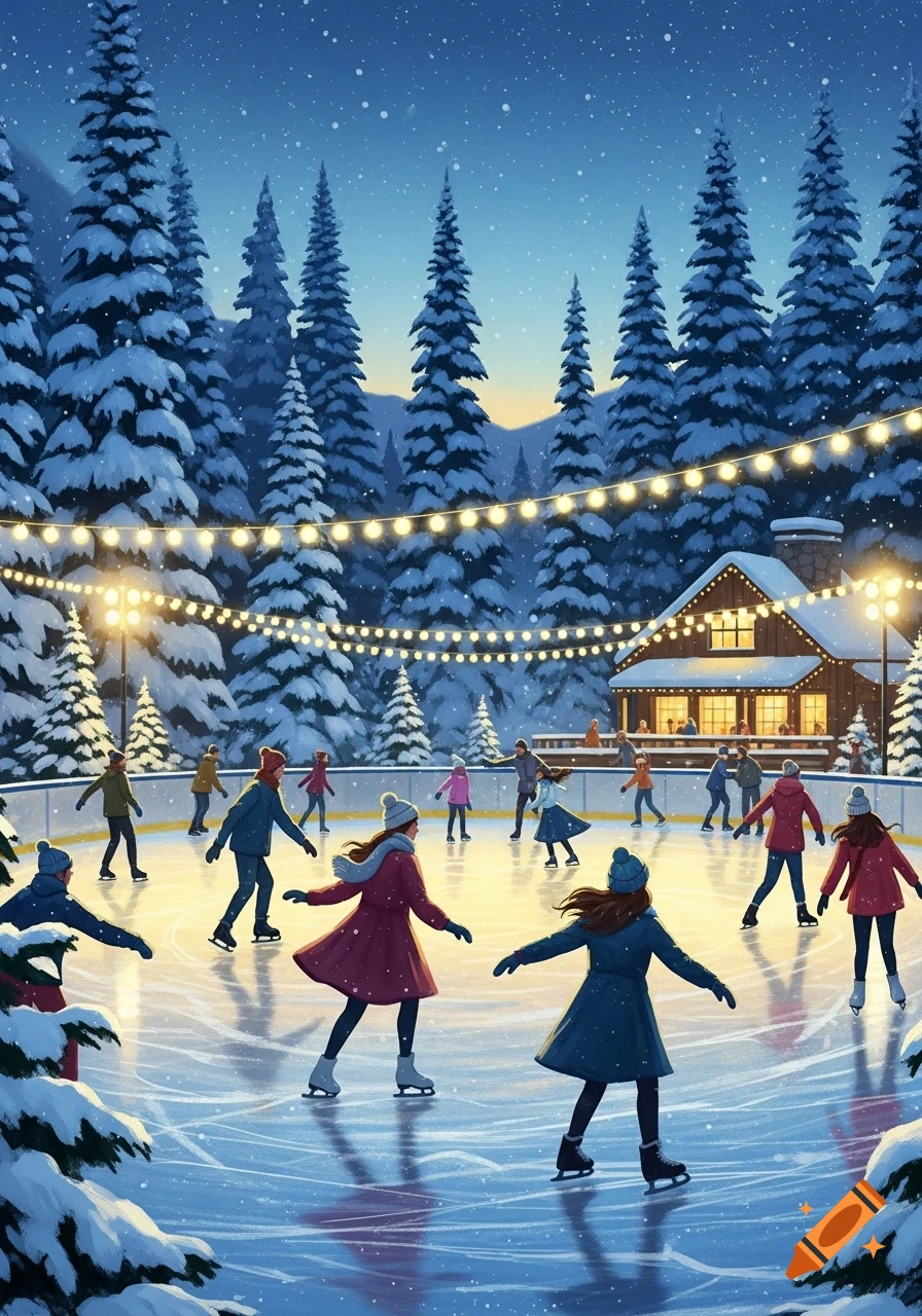 Illustration of people ice skating outdoors at night, surrounded by snow-covered pine trees, a cozy cabin, and string lights.