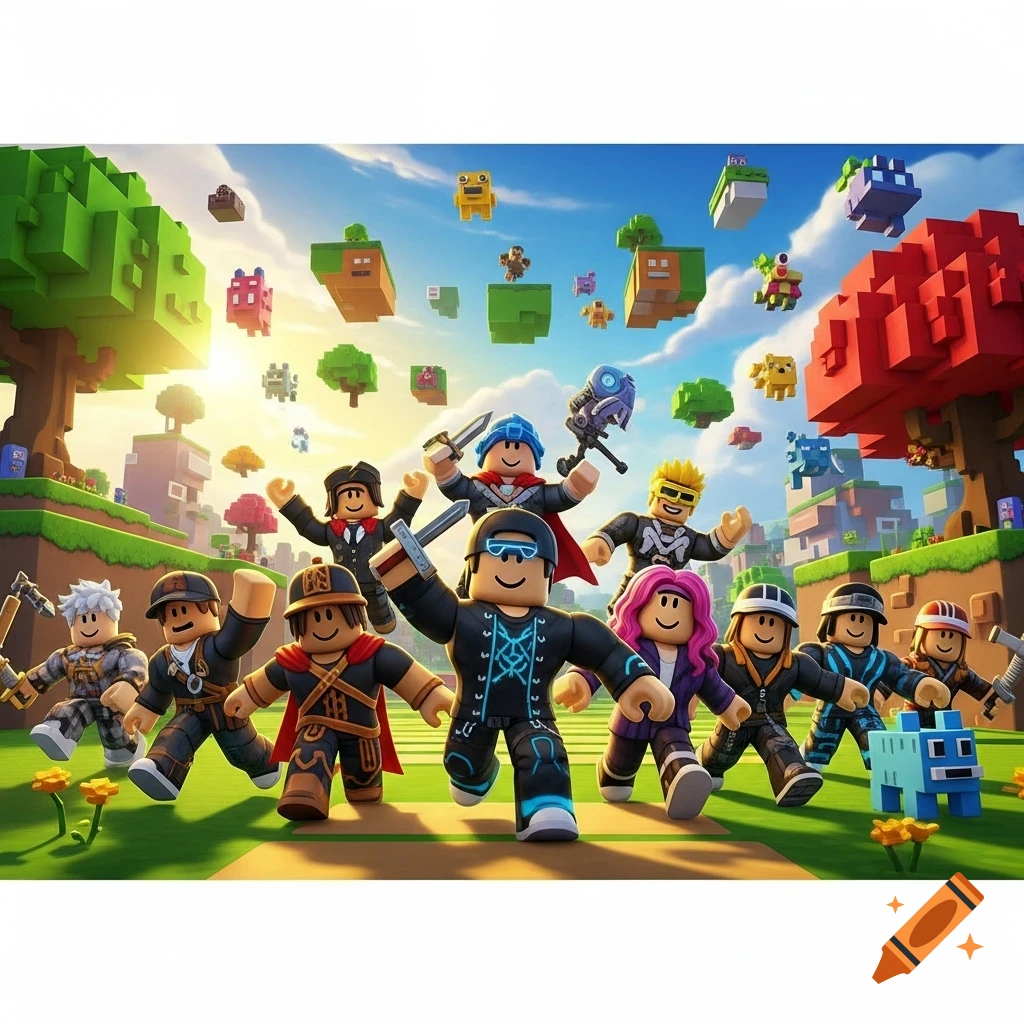 A group of diverse Roblox-style characters, some with swords, running in a vibrant, blocky game world with floating islands under a bright sky.