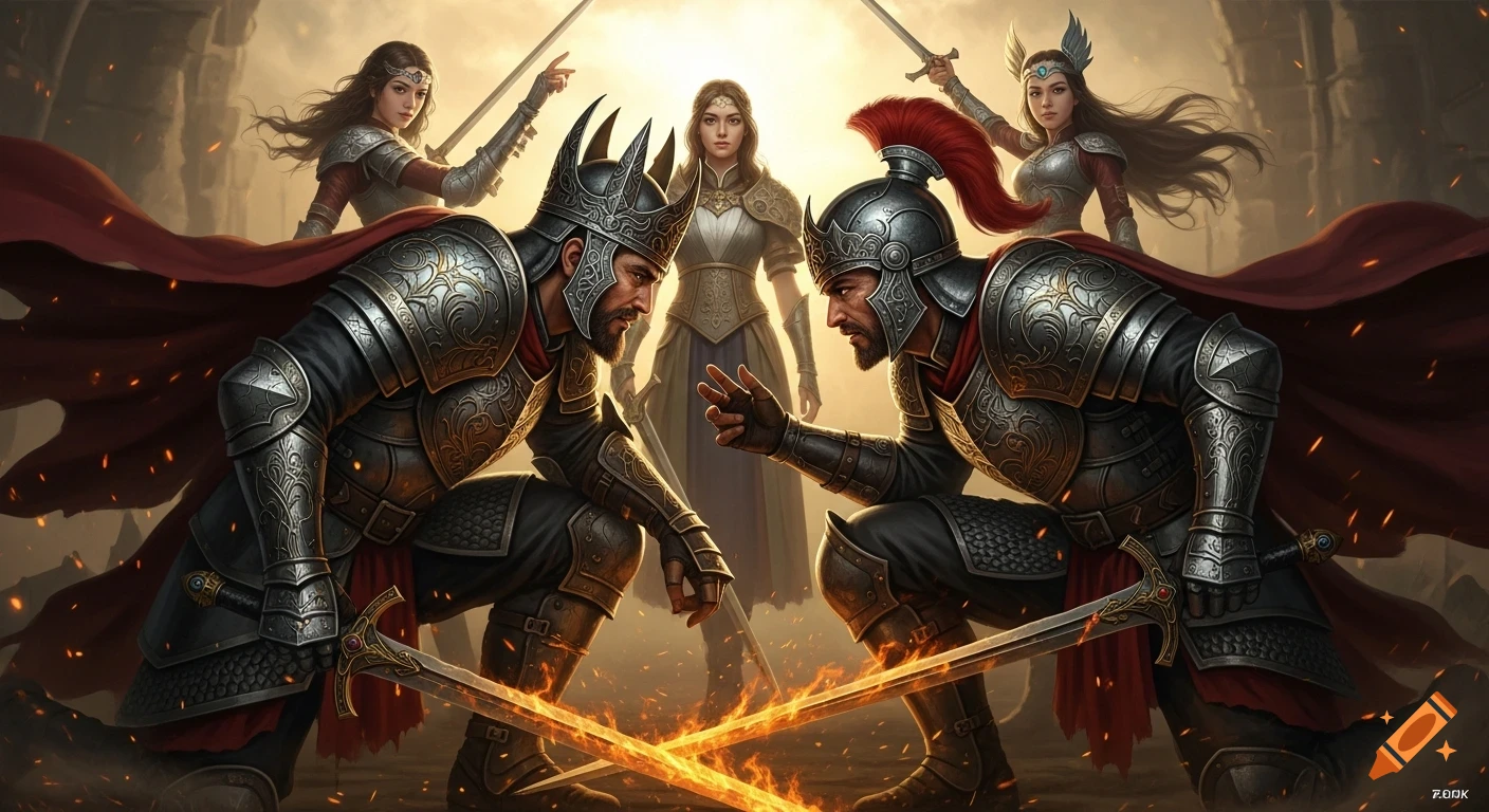 A dramatic fantasy scene showing two armored male warriors facing each other over glowing swords, while three armored women stand triumphantly behind them.