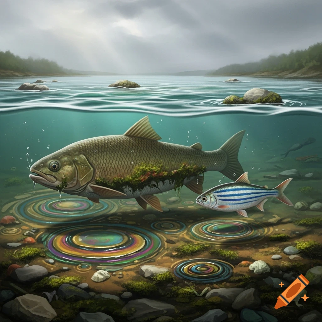 Illustration of a large moss-covered fish and a smaller striped fish ...