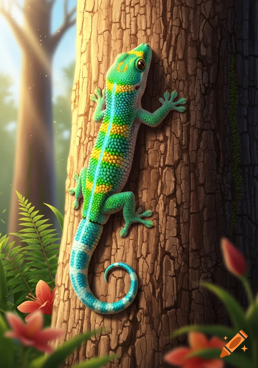 A vibrant blue, green, and yellow gecko with granular skin climbs a textured tree trunk in a lush, sunlit forest.