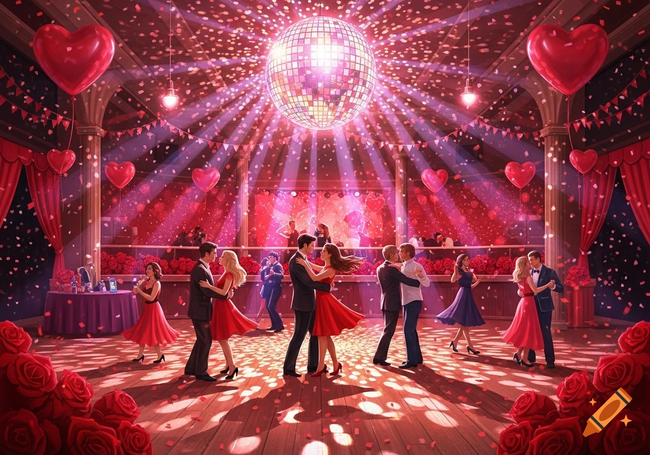 Vibrant illustration of couples dancing at a Valentine's Day disco party, with a disco ball, heart balloons, and red roses.