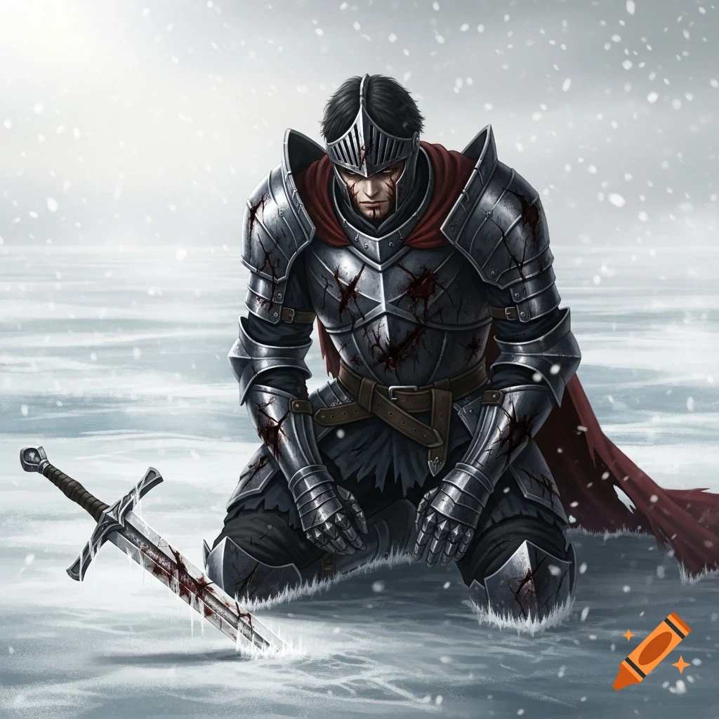 An injured knight in bloodied dark armor kneels on a frozen, snowy shore with his sword embedded in the ice, in a dark fantasy manga style.