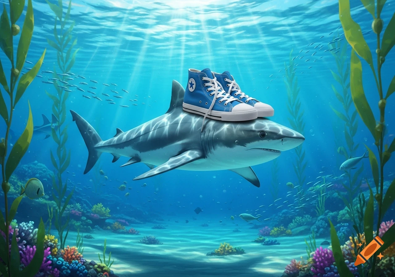 A shark with blue high-top sneakers on its back swims underwater in a vibrant coral reef.