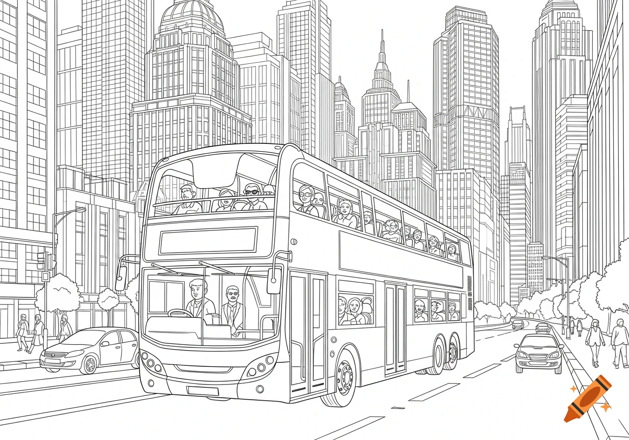 A line art coloring page showing a double-decker bus with passengers on a city street lined with skyscrapers and other vehicles.