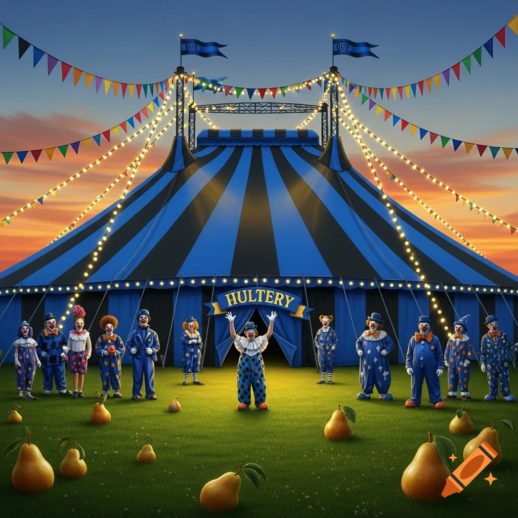 A large blue and black striped circus tent at sunset, surrounded by several clowns in blue outfits and numerous pears scattered on the grass.