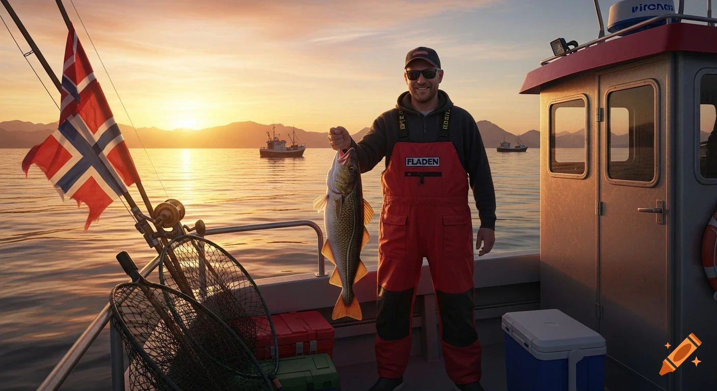 A smiling fisherman in red overalls holds up a large fish on a boat with a Norwegian flag, silhouetted against a golden sunset over the water and mountains.