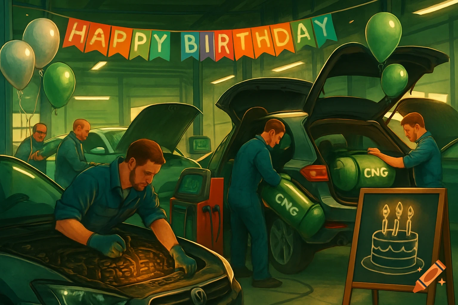 Men in a car repair shop with 'Happy Birthday' decorations, installing CNG gas tanks into vehicles in a painterly style.