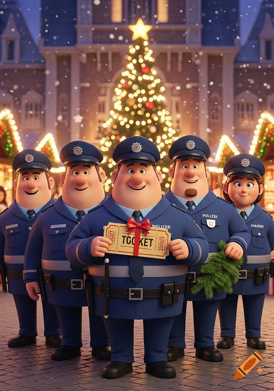 Five friendly cartoon police officers in a snowy Christmas market, one holding a gift-wrapped ticket, another with a fir branch. Pixar-style 3D render.