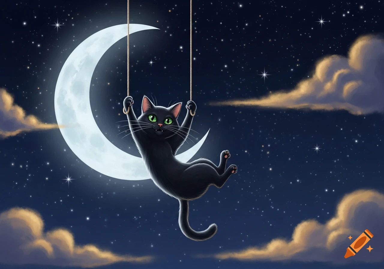 A happy black cat with bright green eyes swings from ropes attached to a glowing crescent moon in a starry night sky with clouds.