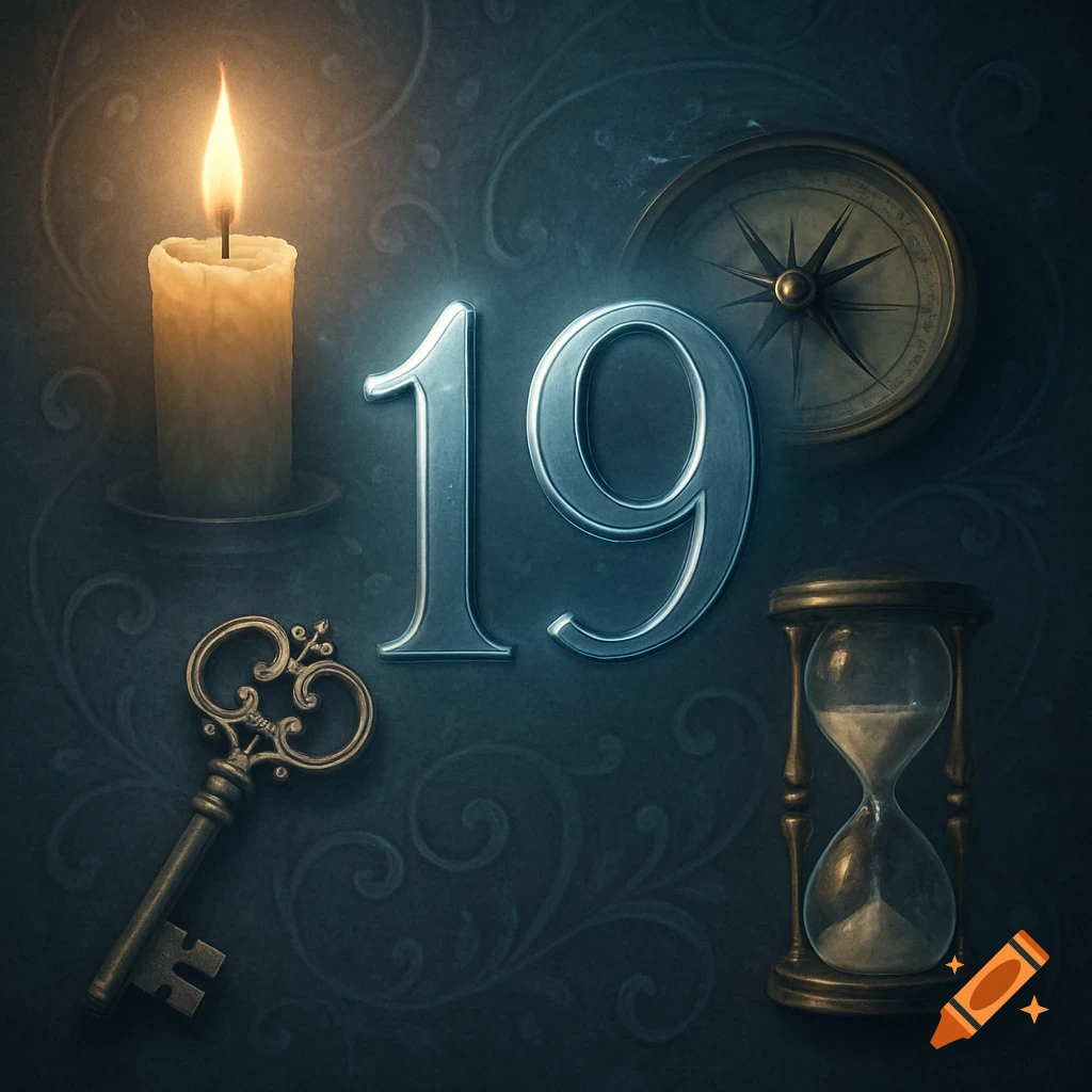 A stylized illustration of the number 19, flanked by a lit candle, an ornate key, a compass, and an hourglass on a dark, patterned background.