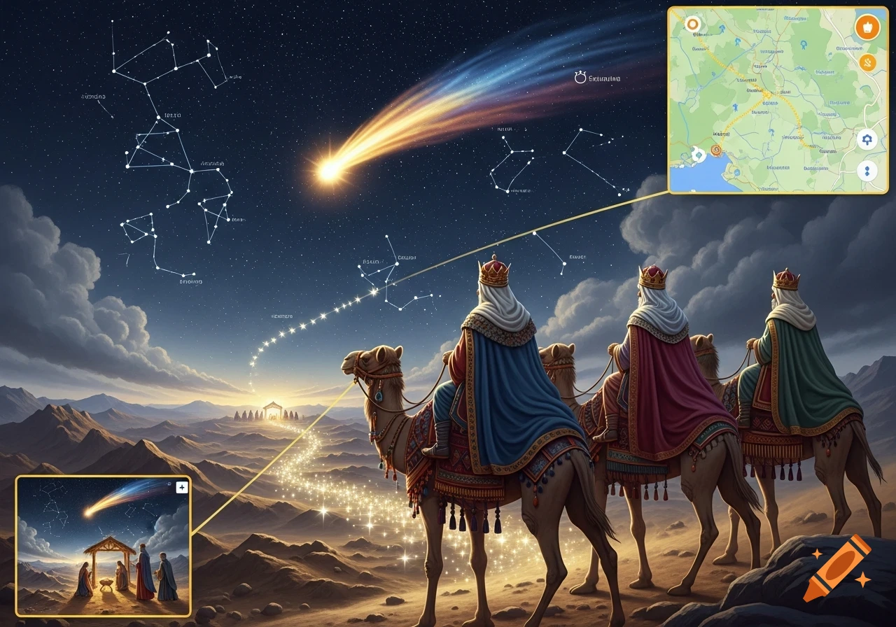 Three Wise Men on camels follow a comet and sparkling path towards a distant manger under a starry sky with constellation lines and a map overlay.