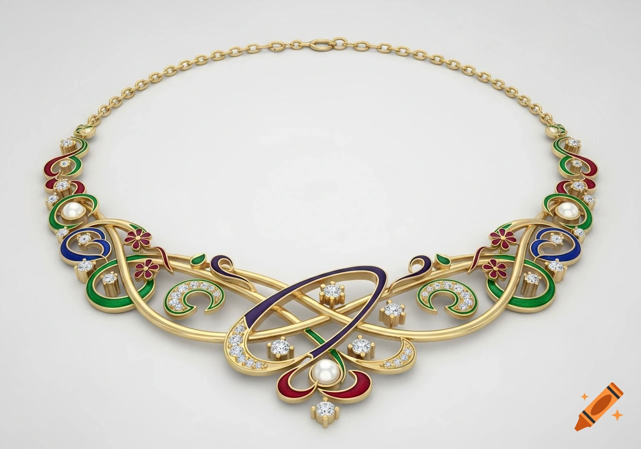 An elegant gold necklace featuring Art Nouveau and Persian Eslimi inspired patterns, adorned with colorful enamel, diamonds, and pearls.