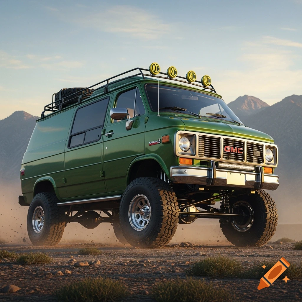 Photorealistic image of a lifted green GMC Vandura van with KC lights on a dusty off-road trail with mountains in the background.