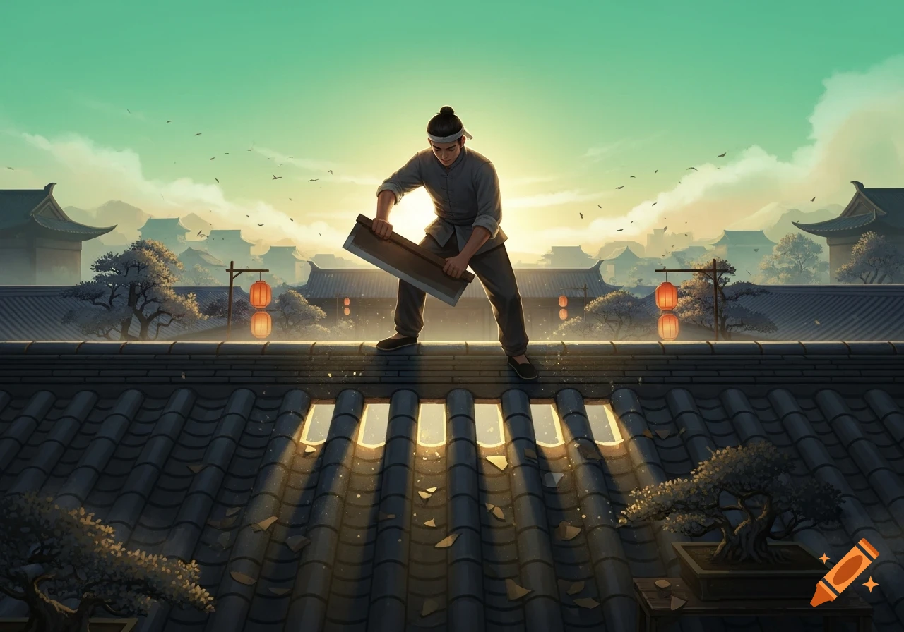 Man in traditional Chinese clothes on a tiled roof, cutting holes with sun rays, traditional village in the background.