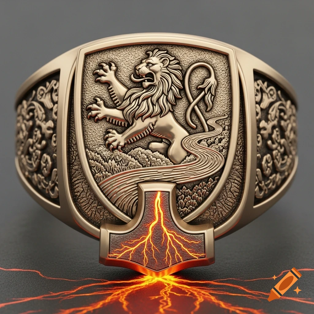Detailed golden signet ring with a lion crest, flowing river motif, and a glowing Mjolnir hammer emitting fiery lightning.