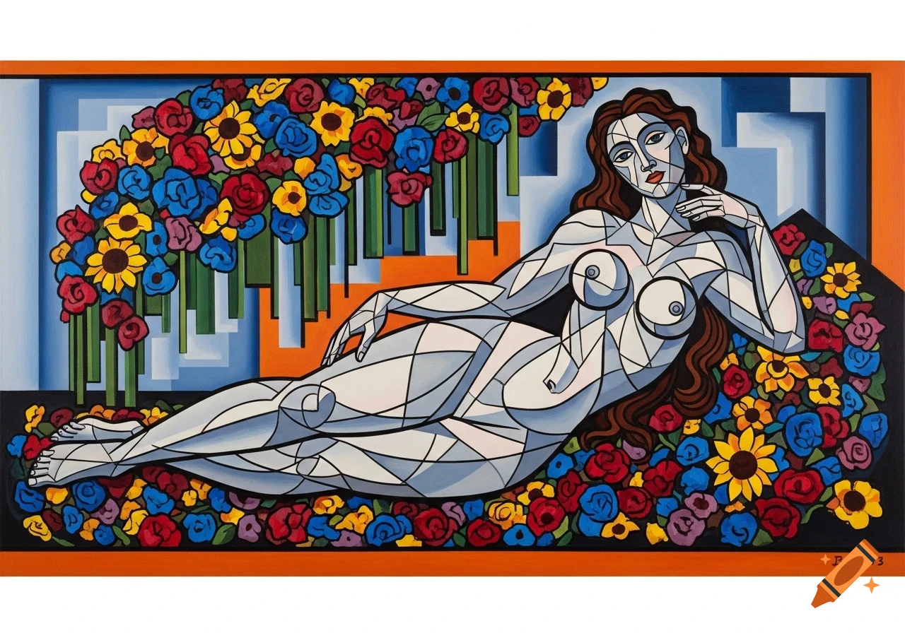A cubist painting of a reclining nude woman with long brown hair, composed of geometric shapes, surrounded by colorful red, blue, and yellow flowers.