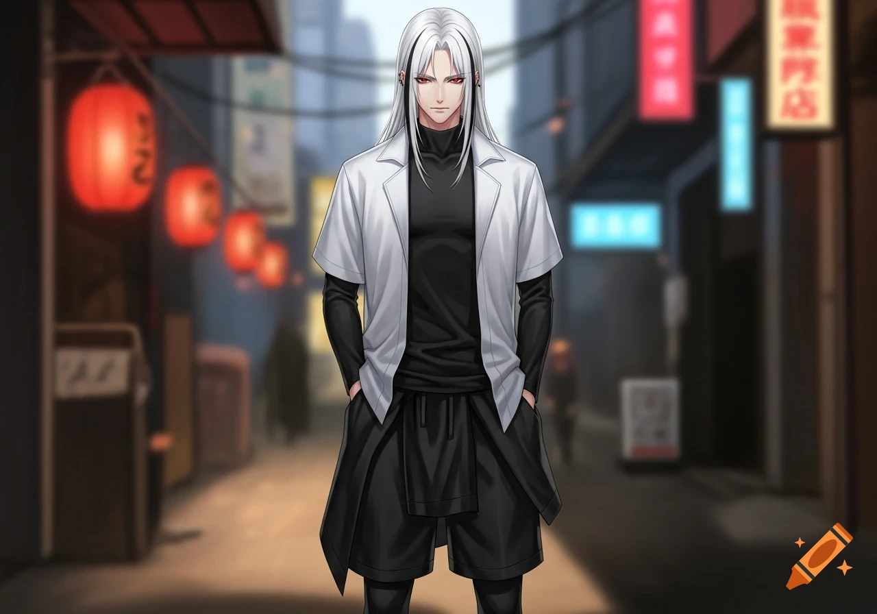 An anime man with long white hair, black strips, and red eyes wears a white overshirt, black undershirt, black shorts, and sweatpants, standing in an urban alleyway.