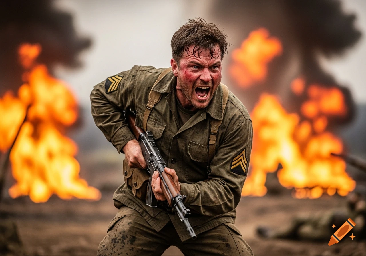 Photorealistic image of a screaming male soldier with a rifle, his face red and bloodied, amidst explosions and fire on a battlefield.