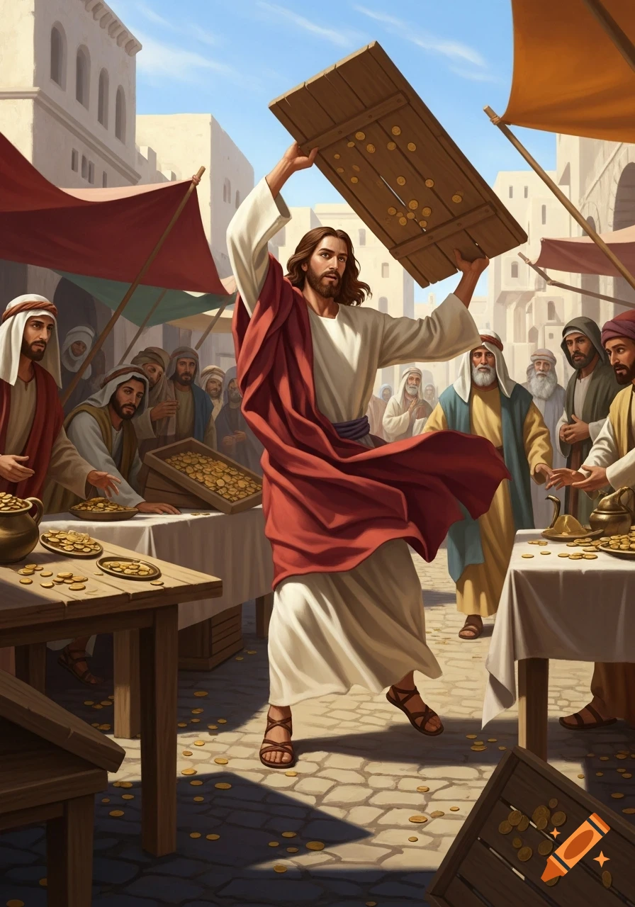 Jesus, wearing white and red robes, dramatically flips a wooden table with gold coins in a bustling ancient market scene.