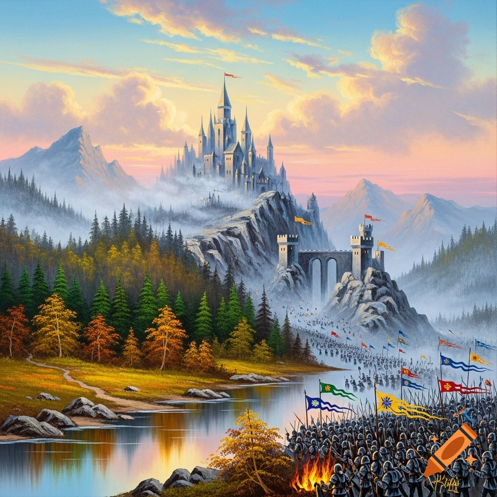 A fantasy painting of a majestic castle on a misty mountain, with a medieval army and flags gathered by a river.