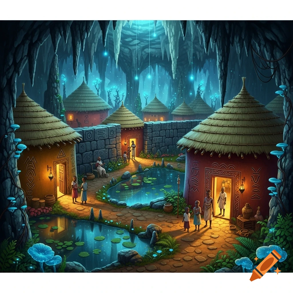 A vibrant, fantasy art of an underground African-style village inside a glowing blue cave, with thatched huts, illuminated ponds, and small figures walking paths.