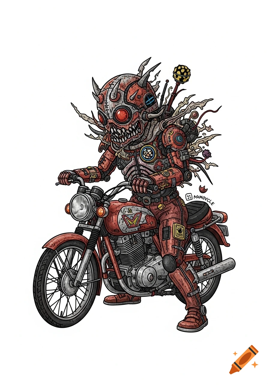 An illustration of a monstrous, horned entity with red eyes and sharp teeth, clad in red and grey robotic armor, riding a vintage red motorcycle. Text on the side reads "MAMOCYCLE".