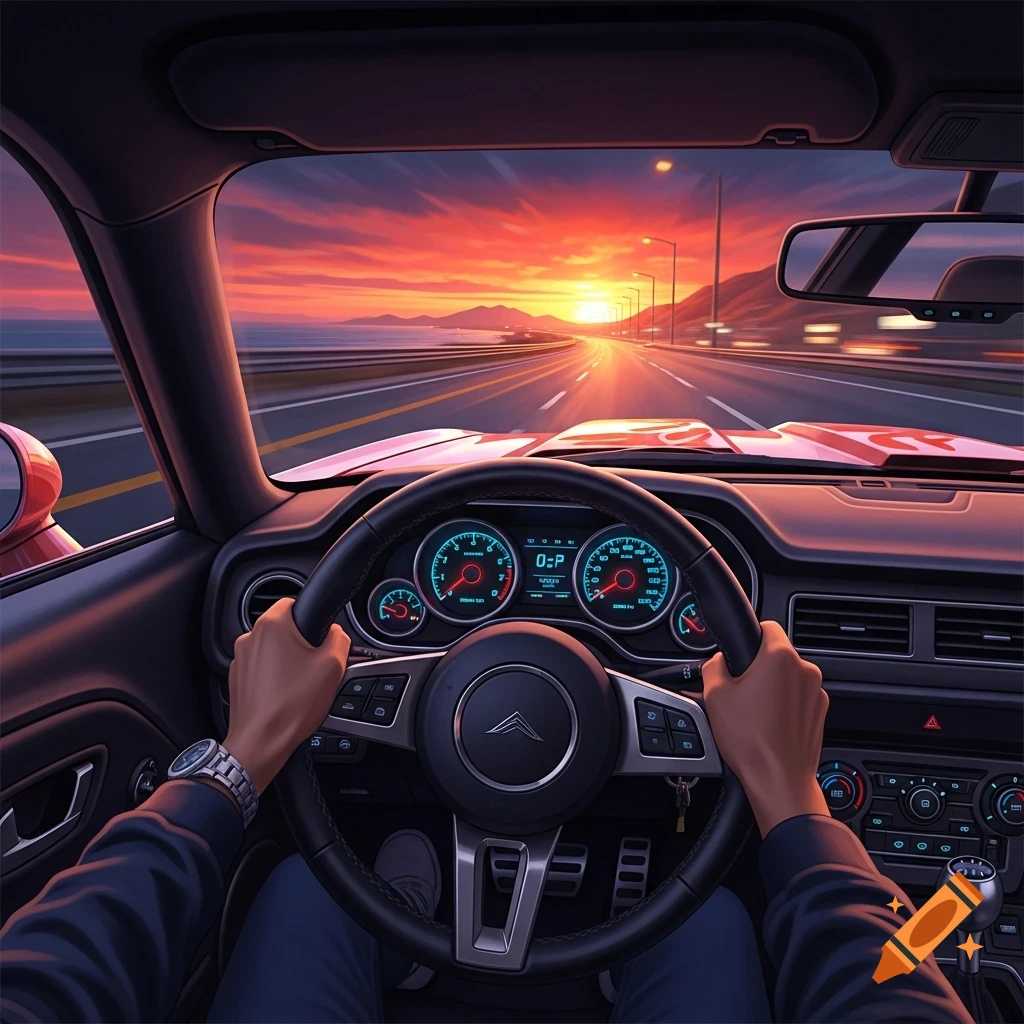 POV shot of hands on a steering wheel, driving a muscle car on a highway towards a vibrant sunset over the ocean.