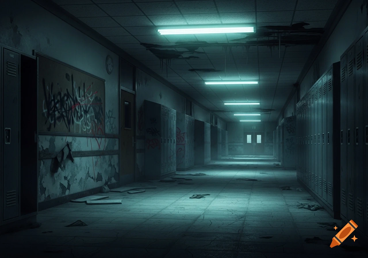 A long, dark, and dilapidated school hallway with graffiti on lockers and peeling walls, lit by eerie fluorescent lights, creating a liminal atmosphere.