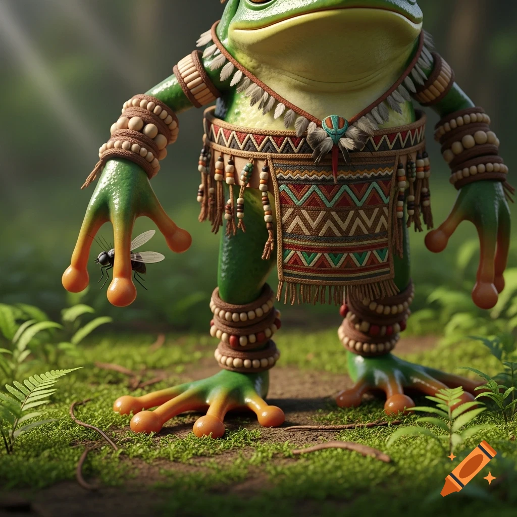 A stylized green frog wearing tribal clothing and beaded jewelry stands in a lush forest, with a fly stuck to its left hand.
