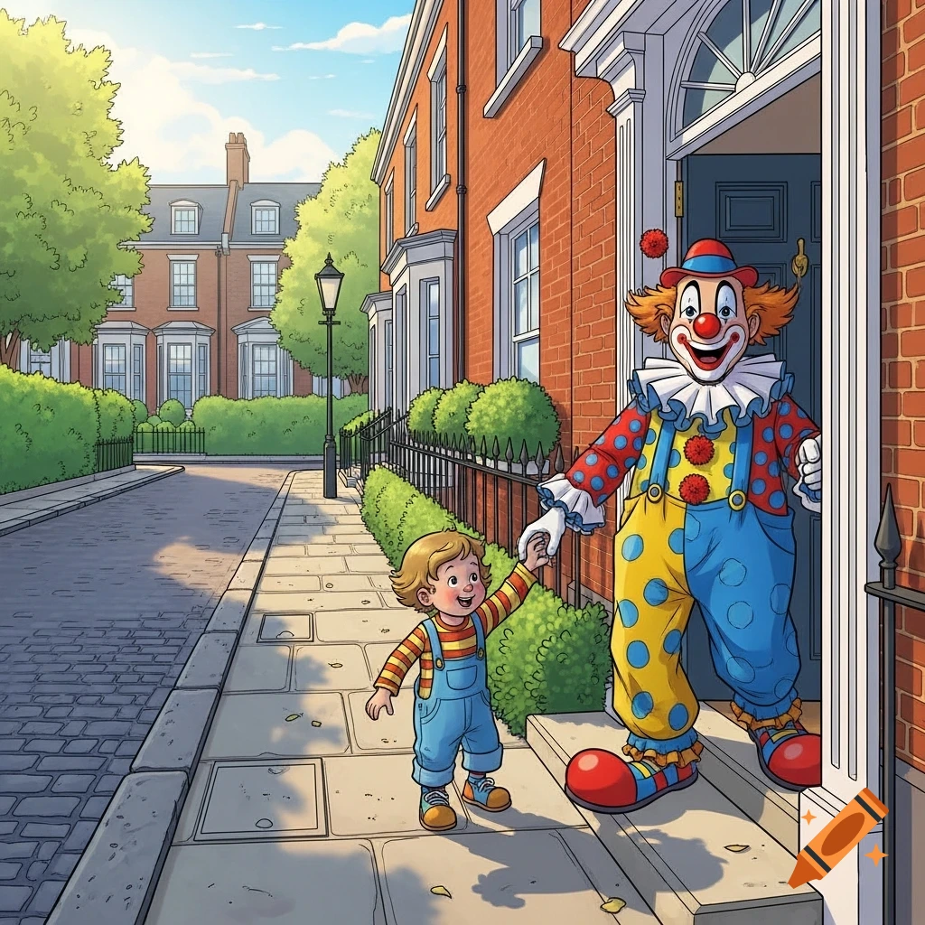 A happy clown in a colorful costume holds a child's hand while leaving a brick house on a sunny London street in comic book style.