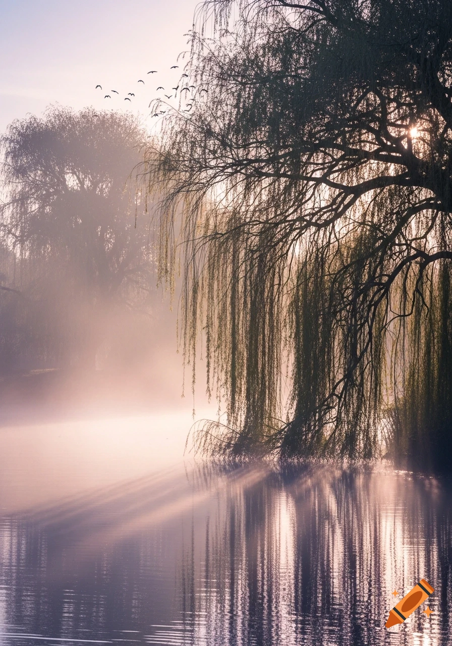 Photorealistic weeping willow trees by a misty lake at sunrise, with rays of light and birds flying overhead.