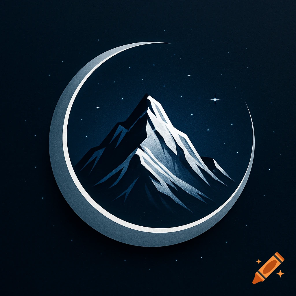 A stylized blue and white mountain range inside a crescent moon, set against a dark, starry night sky. Graphic logo style.