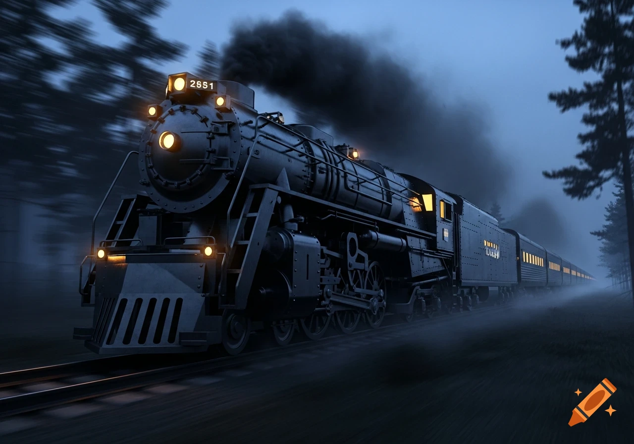 A majestic, jet-black armored train with glowing yellow lights and plumes of black smoke speeds through a foggy, dark forest at dusk, rendered in a dramatic, photorealistic style.