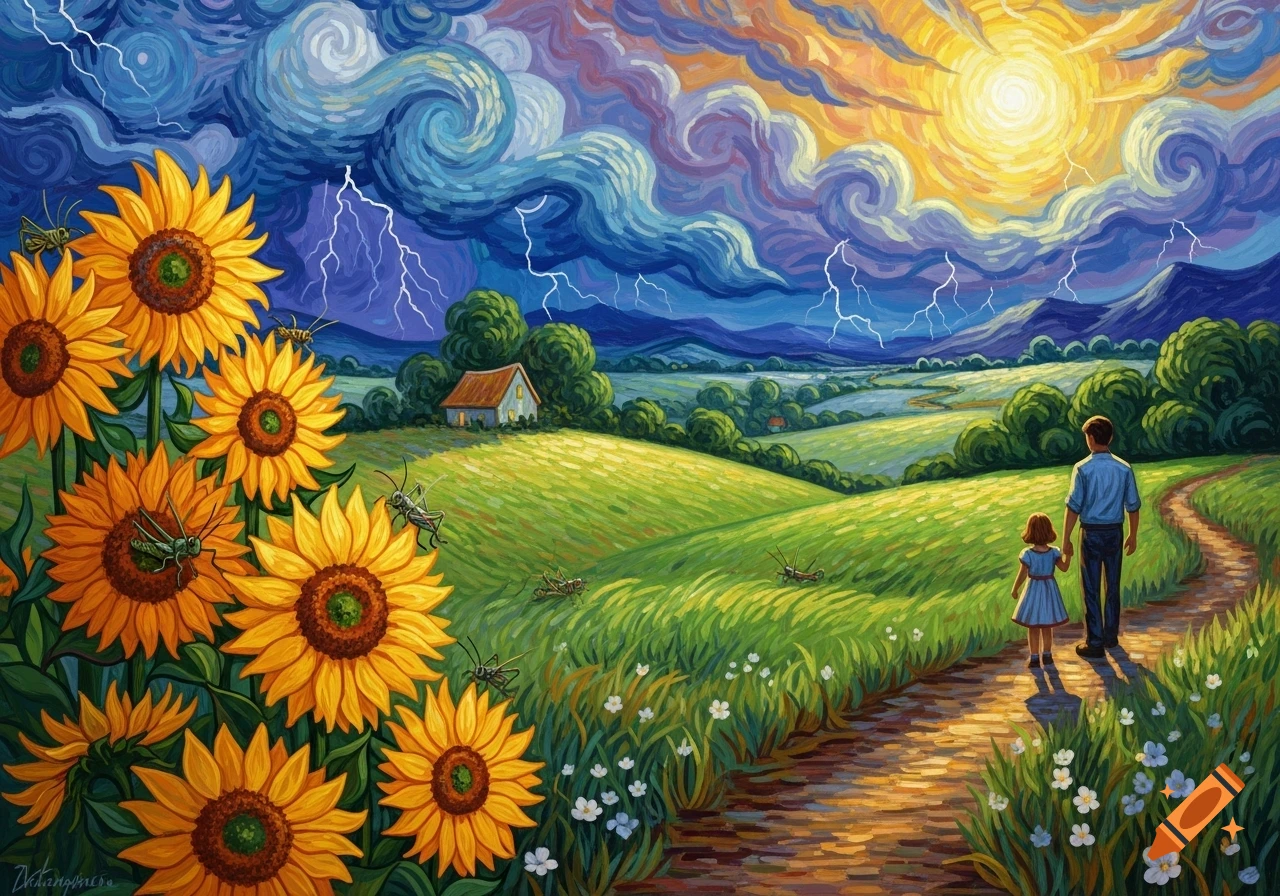 Father and daughter walk on a path through a sunflower field under a dramatic Van Gogh-style sky with lightning.
