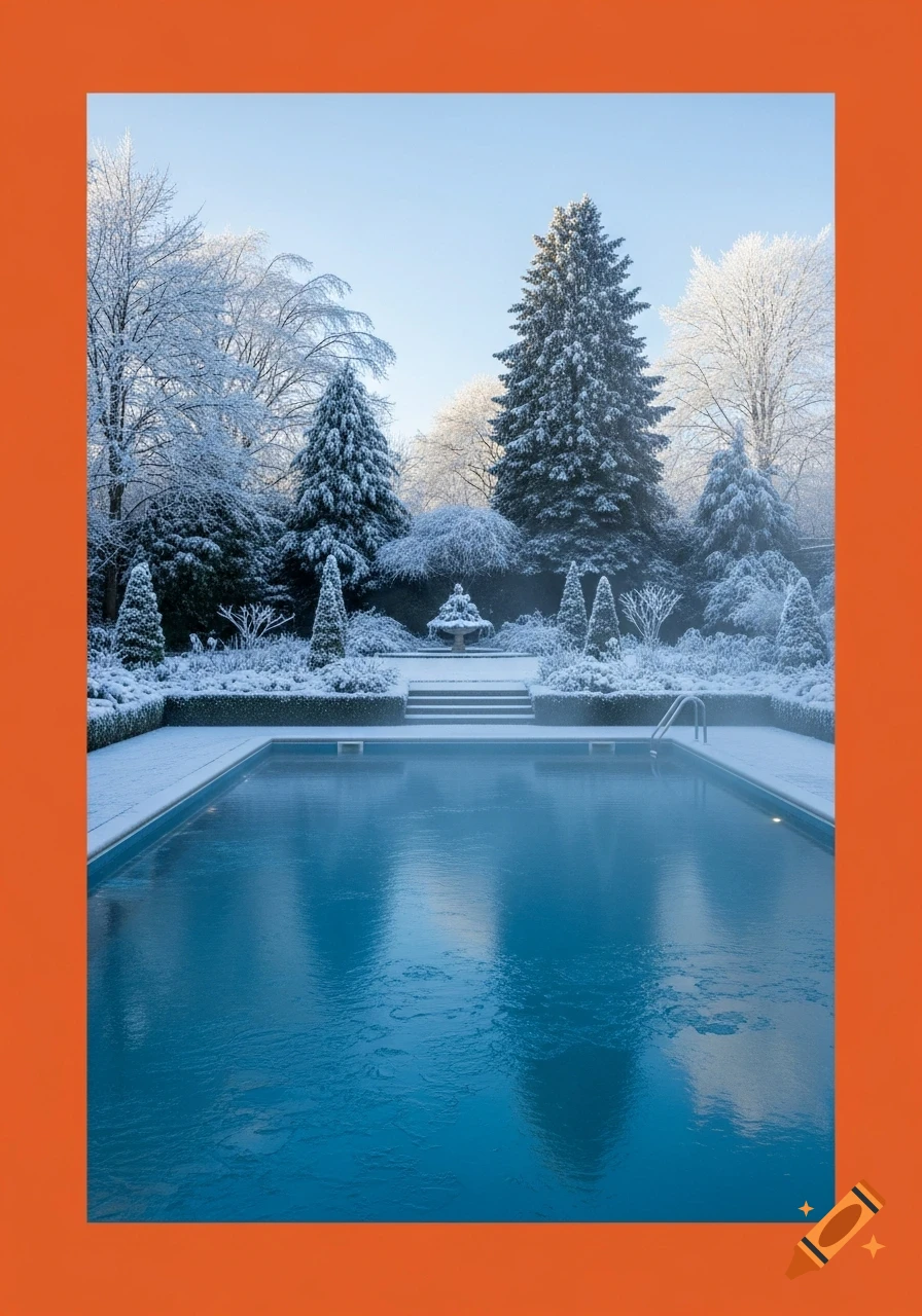 A luxurious outdoor swimming pool in a snowy winter garden, surrounded by frost-covered trees and bushes, with an orange border.