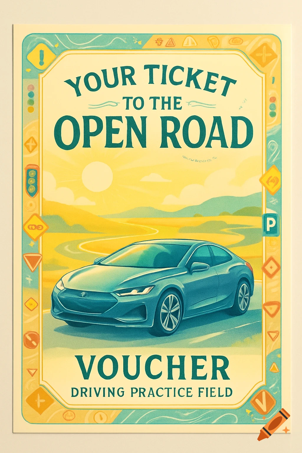 Stylized poster for a driving practice field, showing a teal car on a road under a sunny sky. Text reads 'YOUR TICKET TO THE OPEN ROAD VOUCHER DRIVING PRACTICE FIELD'.