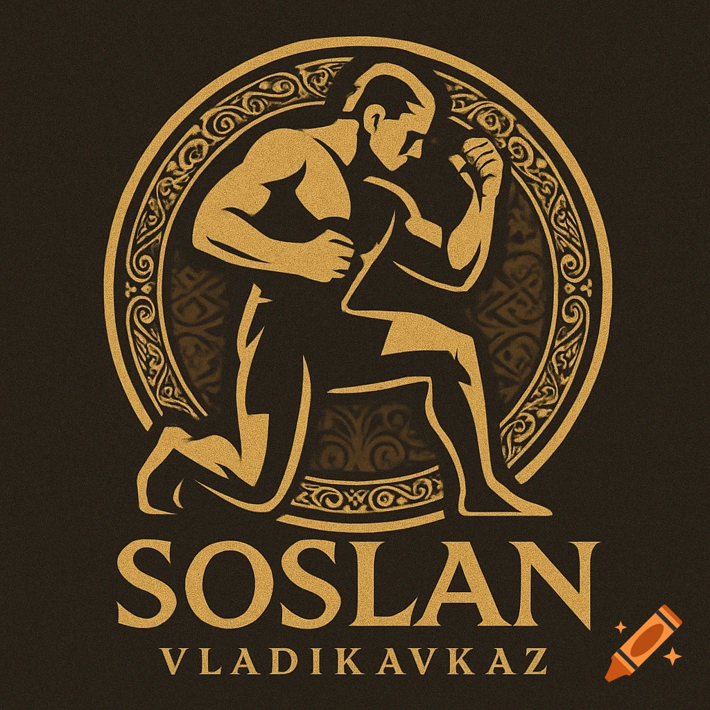 A gold-on-dark-brown logo featuring a stylized wrestler kneeling in a fighting stance within an ornate circular border, with 'SOSLAN' and 'VLADIKAVKAZ' text below.