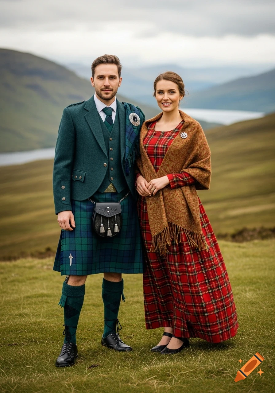 Man and woman in traditional Scottish Highland attire stand in a grassy, mountainous landscape under a cloudy sky.