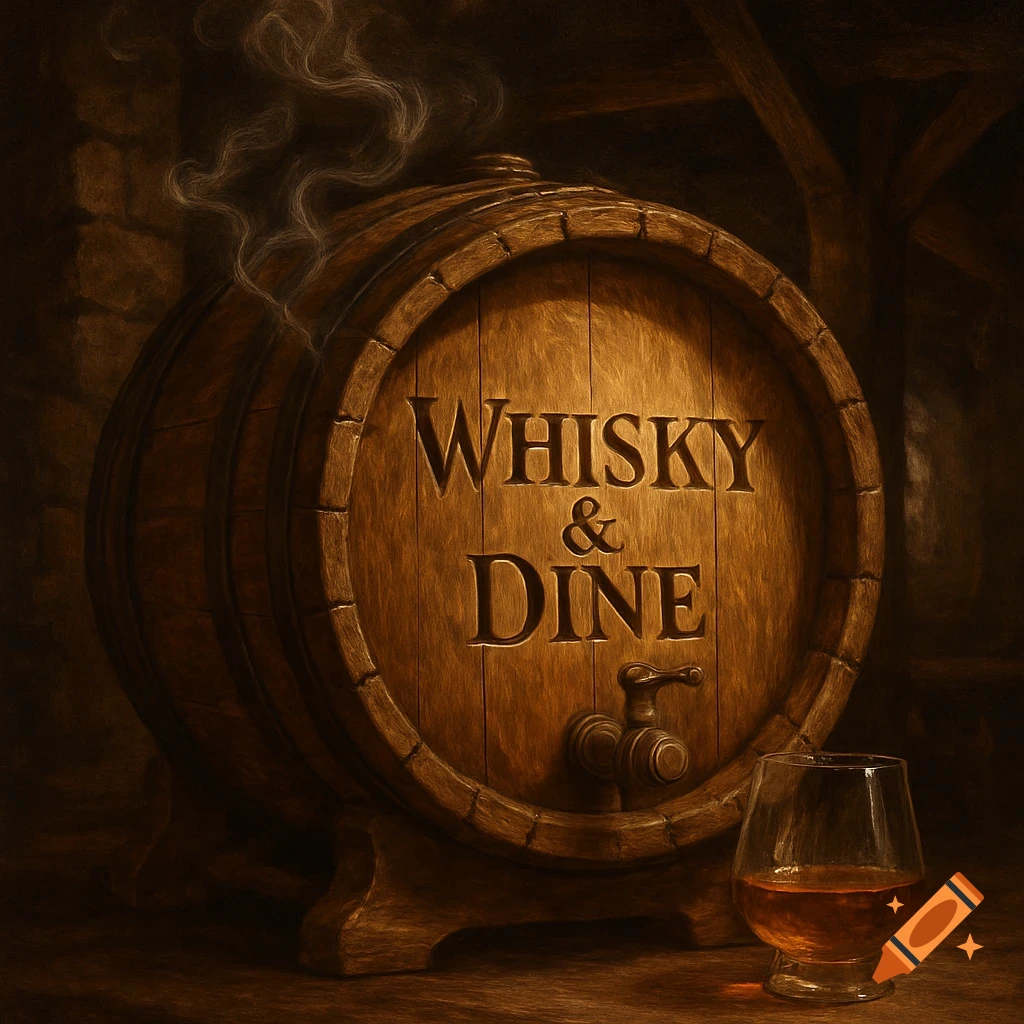 A wooden whiskey barrel with 'WHISKY & DINE' carved on it, a tap, and a glass of whiskey. Smoke rises from the barrel.