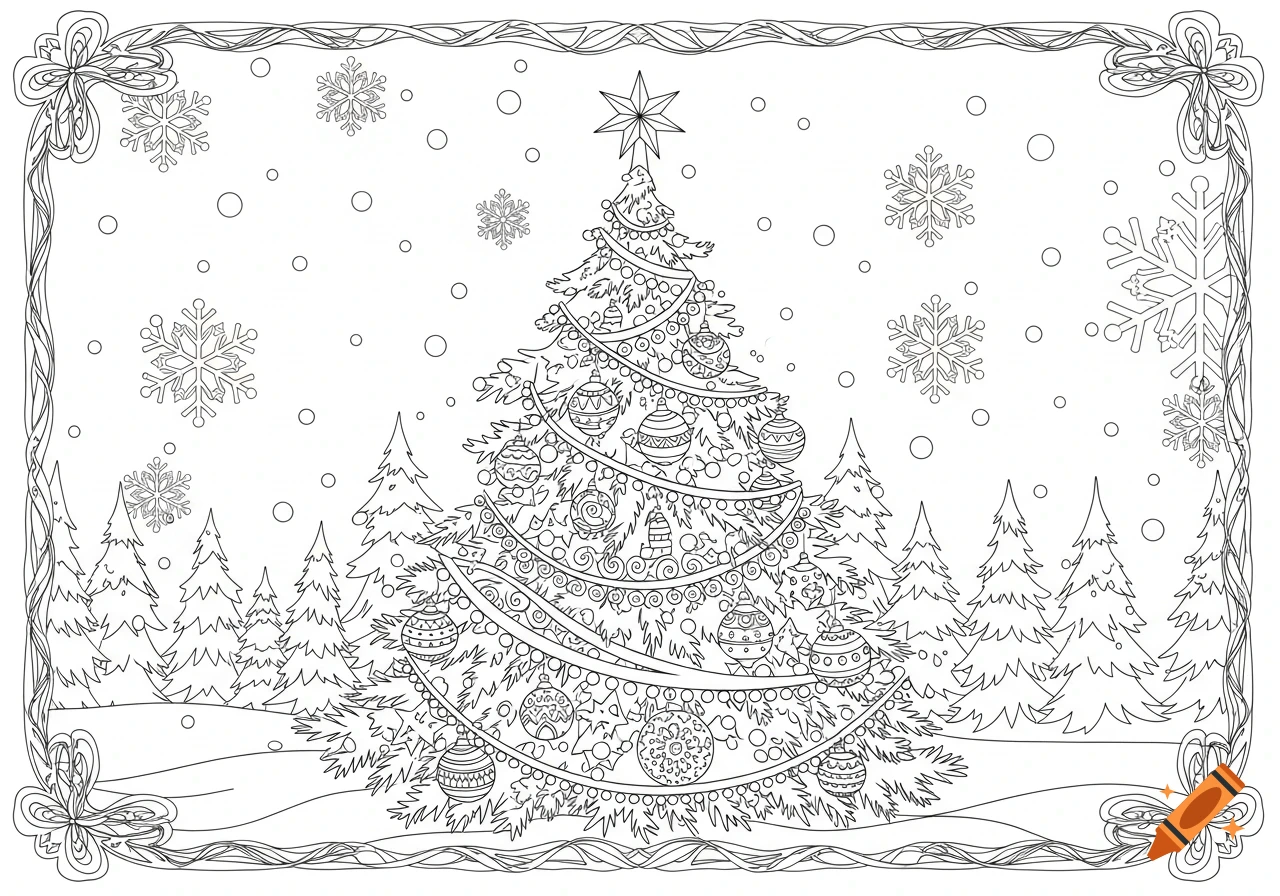 A black and white line art coloring page features a decorated Christmas tree with a star on top, surrounded by smaller pine trees and falling snowflakes. A decorative border frames the scene.