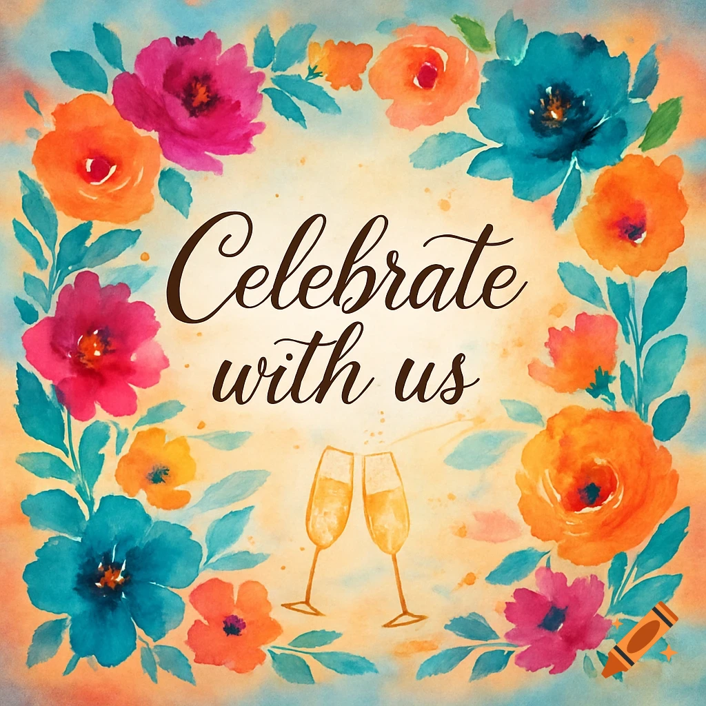 Watercolor invitation with a colorful floral border, 'Celebrate with us' text, and two clinking champagne glasses.