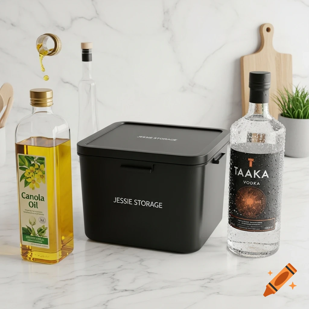 A photorealistic image of a canola oil bottle, a black "Jessie Storage" box, and a wet Taaka vodka bottle on a marble kitchen counter, with oil dripping from a floating cap.