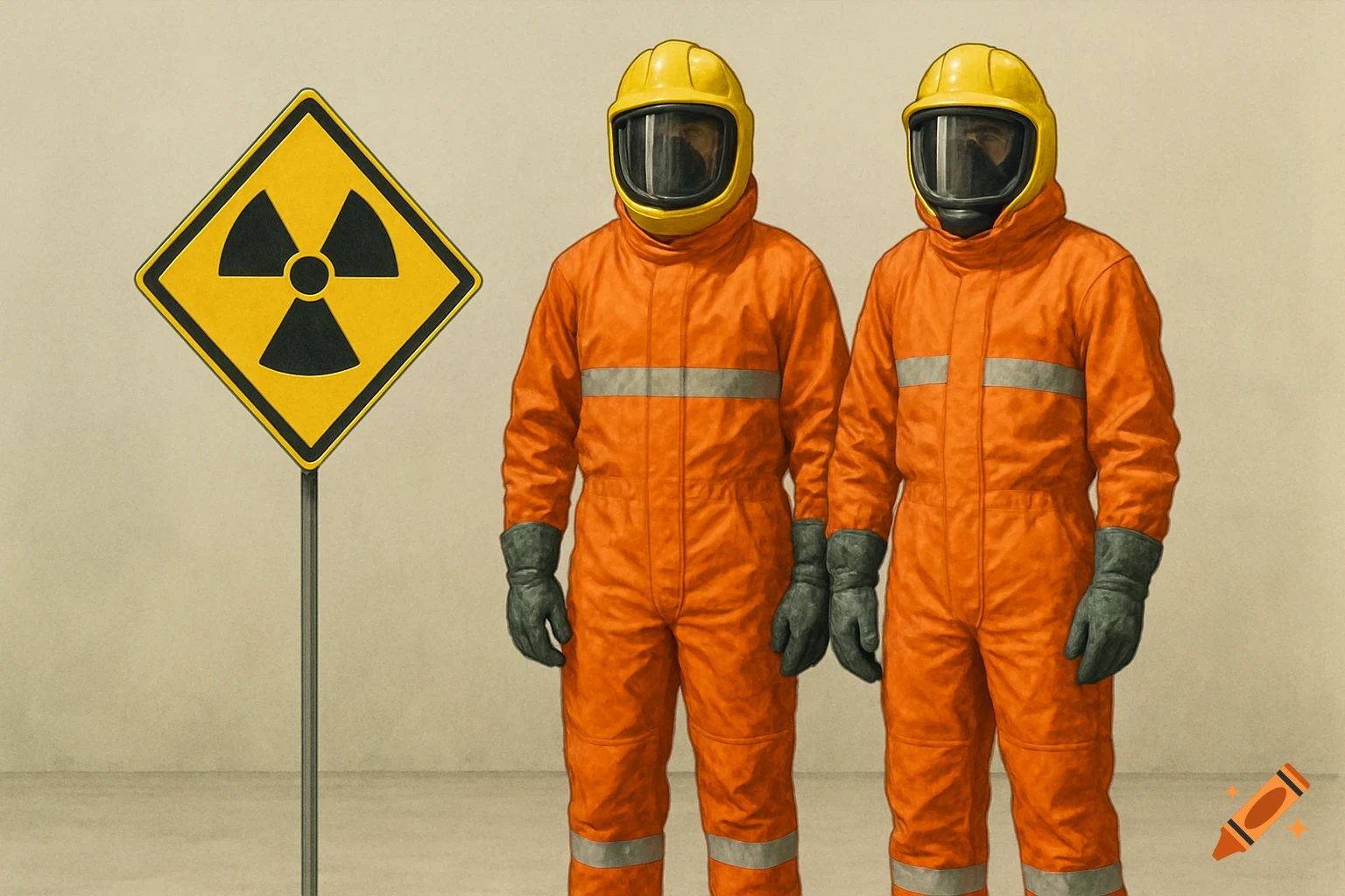 Two people in orange hazmat suits and yellow helmets stand next to a yellow radiation warning sign, in a clean, educational illustration style.