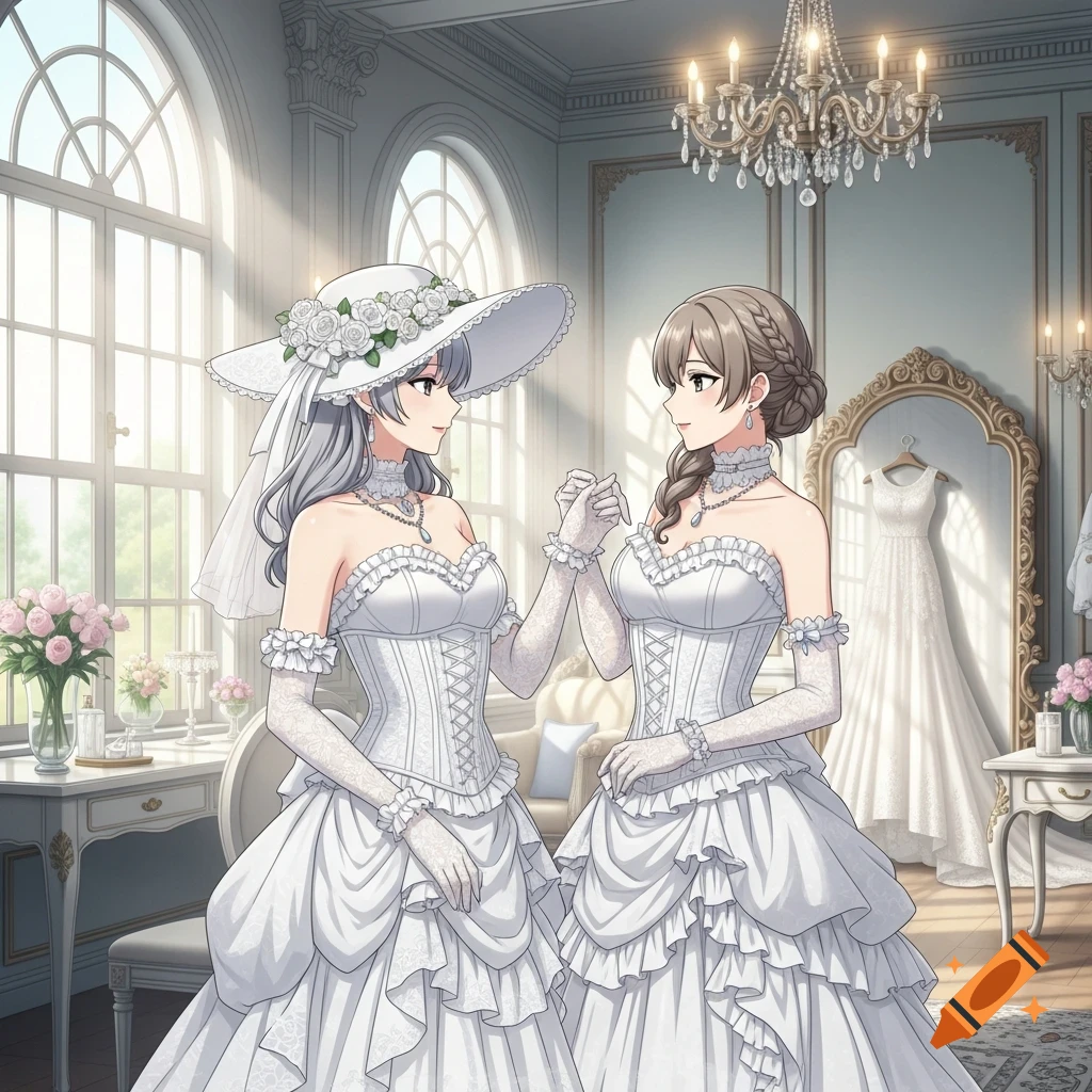 Two anime women in ornate white Victorian-style wedding gowns and lace gloves hold hands in a luxurious dressing room.