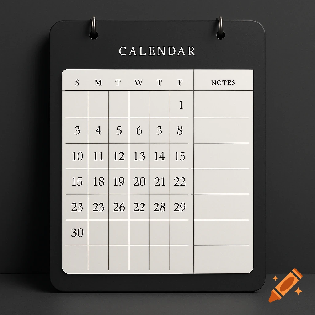 A sleek black calendar hangs with a white page displaying dates from 1 to 30, days of the week, and a 'NOTES' section.