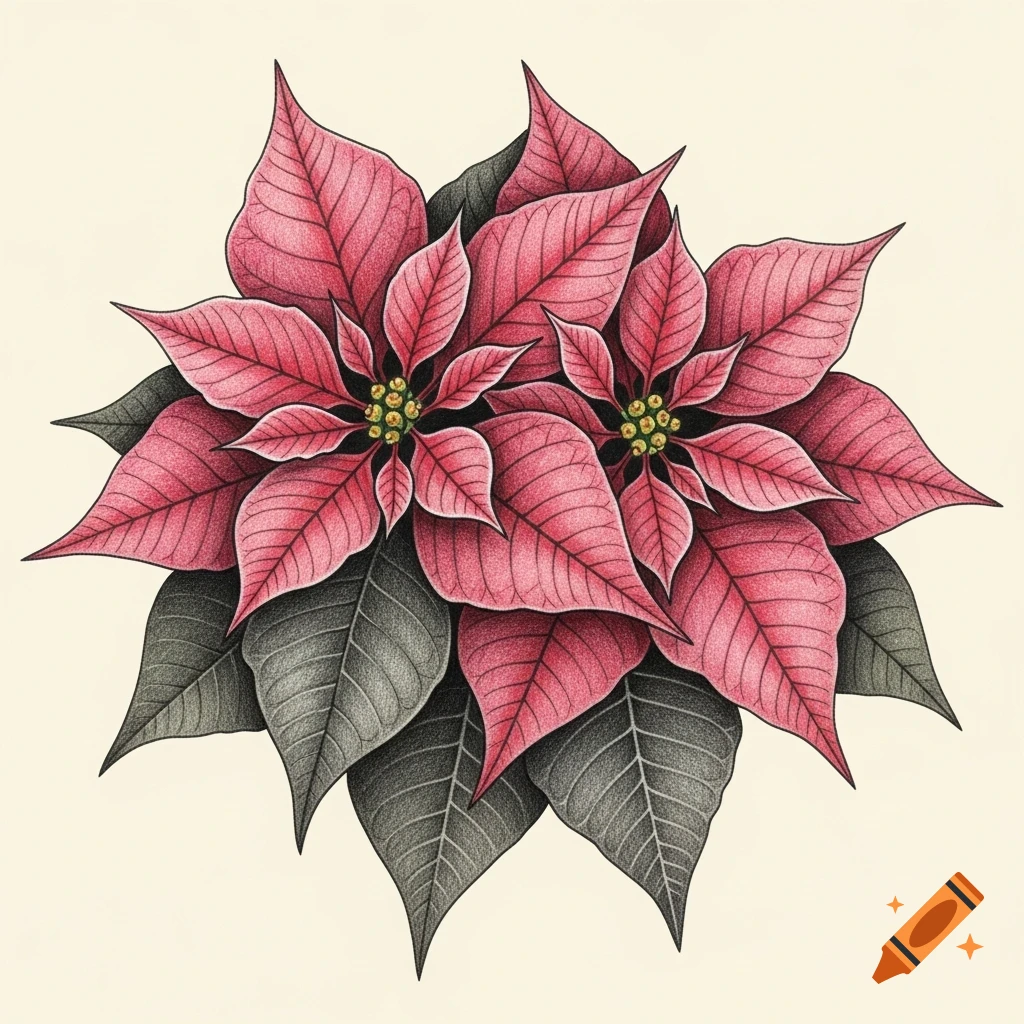 A hand-sketched botanical illustration of two red poinsettia flowers with green leaves on a light background.